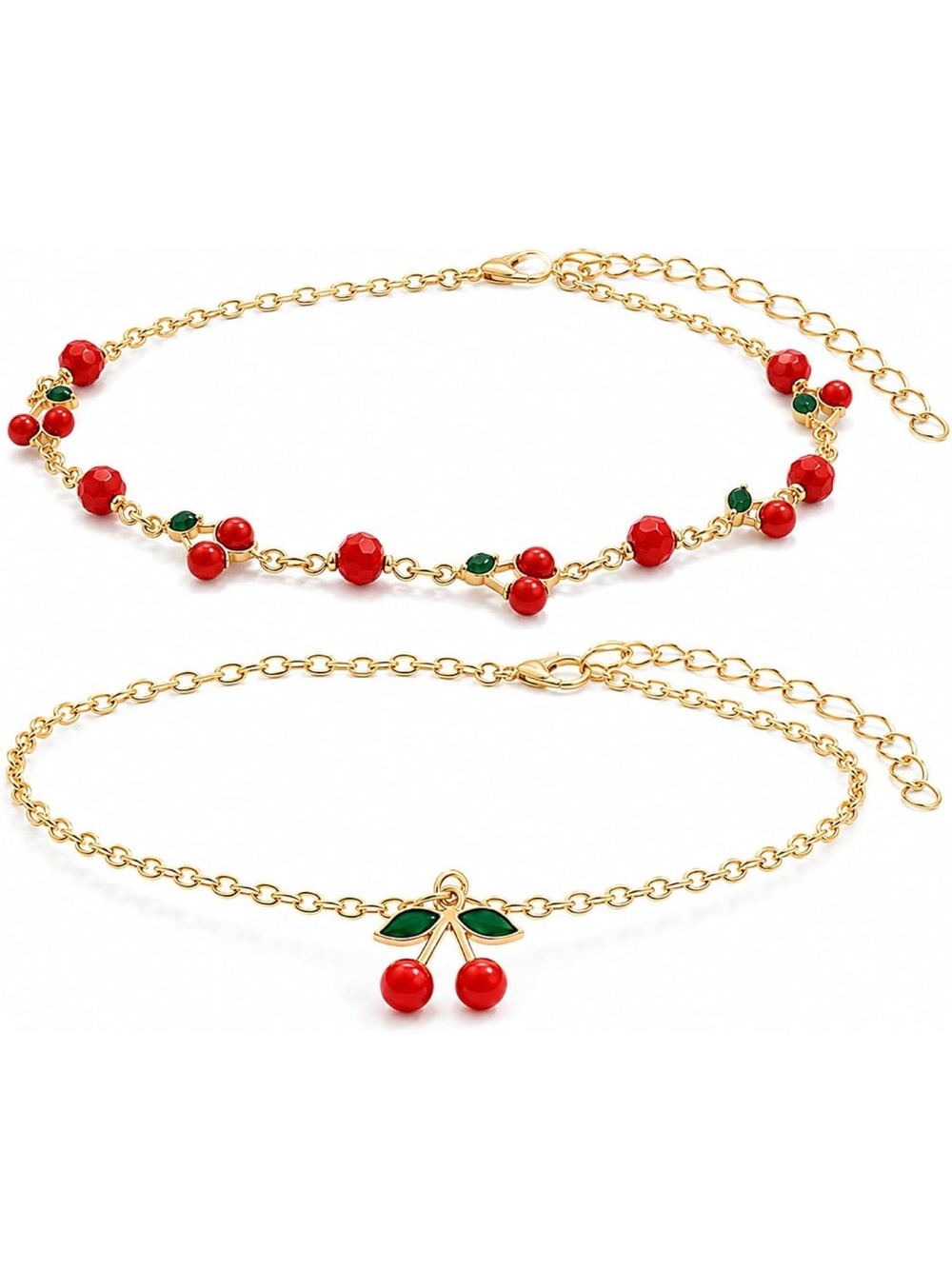 Anthropologie Gold-Tone Cherry Bracelet Set with Red and Green Accents